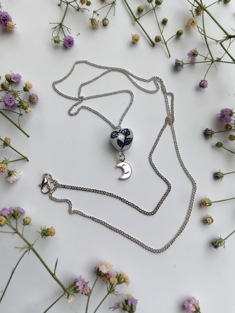 Blue & White Heart Pendant Necklace with Moon Charm - Silver Tone